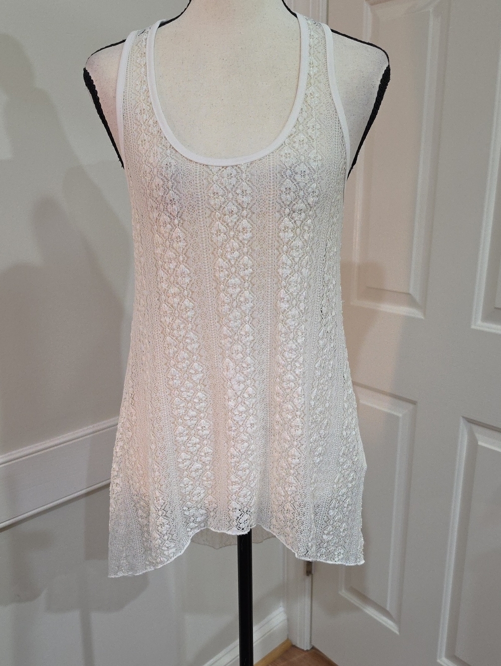 Finn & Clover Ivory Knit Lace Racerback Tank Top - Boho Festival Chic (Size M)